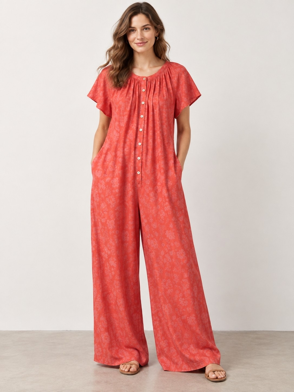 HATCH Regina Jumpsuit Coral Floral Rayon Silk Wide Leg Maternity